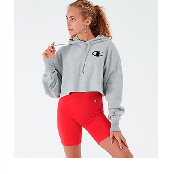 champion logo sleeve crop hoodie